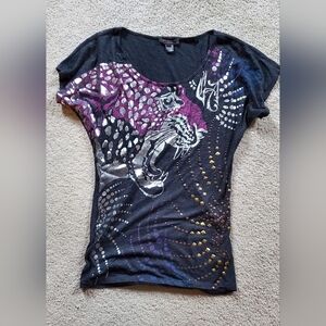 Christian Audigier Vintage Black Scoop Neck Leopard Studded Tee